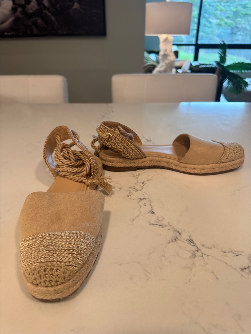 NWOT Zara Light Beige Suede Espadrille Flats with Satin Rope Ankle Wrap Straps